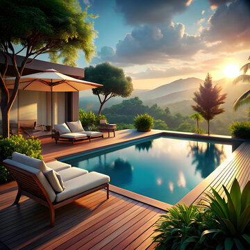 swimming pool and terrace of the blur nature background
