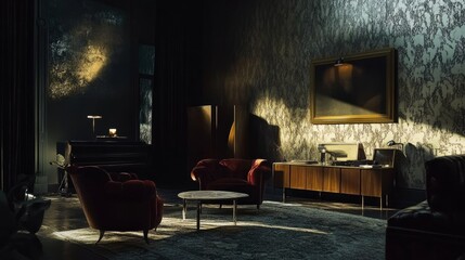 Poster - A bold spotlight illuminates the center of a moody room with dramatic contrasts, textured wallpaper, and deep shadow play