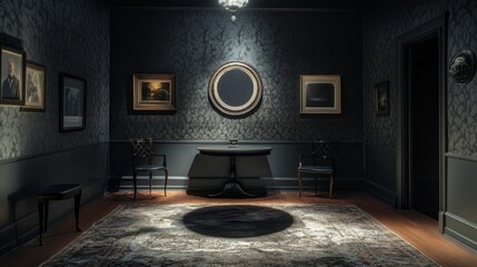 Poster - A bold spotlight illuminates the center of a moody room with dramatic contrasts, textured wallpaper, and deep shadow play