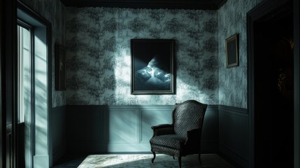 Poster - A bold spotlight illuminates the center of a moody room with dramatic contrasts, textured wallpaper, and deep shadow play