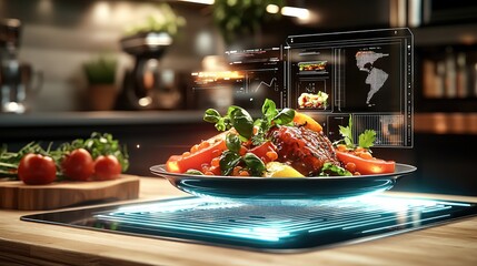 Food trends fusion concept. A vibrant dish of fresh vegetables and meat is displayed on a futuristic table with holographic technology in a modern kitchen.