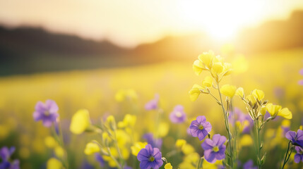 Wall Mural - sunlight illuminates a vibrant field of yellow and purple flowers during early morning hours in spri