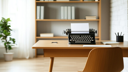 Aufkleber - Vintage typewriter on a wooden desk in a cozy workspace with a plant and books in soft natural light