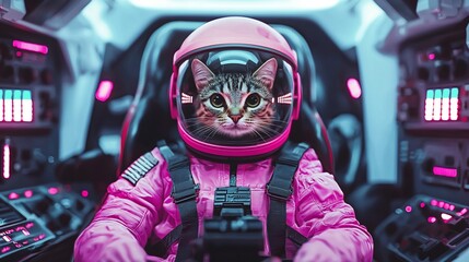 Poster - Cute tabby cat astronaut in pink spacesuit inside spaceship cockpit.