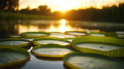 Poster - beautiful lotus leaves floating on calm water during sunset in a serene landscape
