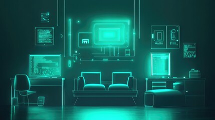 Poster - A minimalistic cyberpunk room with glowing furniture and devices