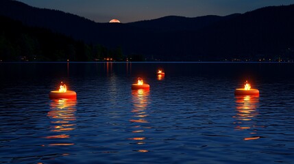 Canvas Print - Floating candles on serene lake at night, moonlit mountains.