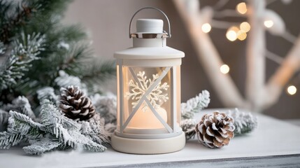 Wall Mural - A serene Christmas lantern glowing warmly, surrounded by frosted pinecones and soft snowflakes, ideal for cozy holiday banners