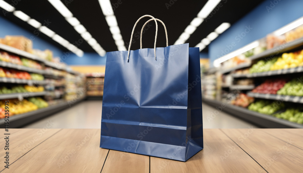 Mockup, a dark blue paper shopping bag isolated on supermarket ...