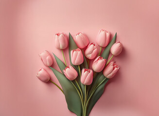 A delicate bouquet of pale pink tulips arranged on a soft pink background.  The image evokes feelings of serenity and springtime.