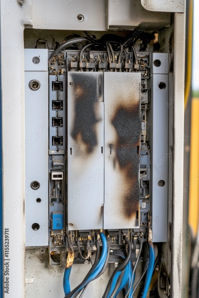 Burned electrical panel showing short circuit damage and melted