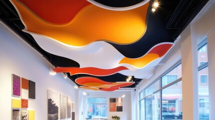 Poster - Artistic ceiling design with bold, abstract shapes in a modern art gallery space