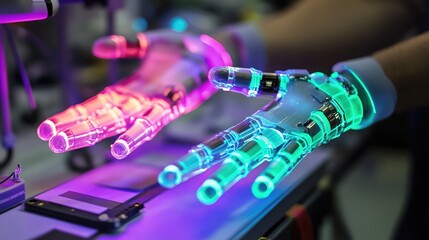 Poster - 3D printed glowing prosthetics being assembled in a tech lab