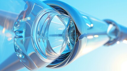 A close-up of a wind turbinea??s blades spinning, with clear blue skies and a bright sun in the background, isolated on white