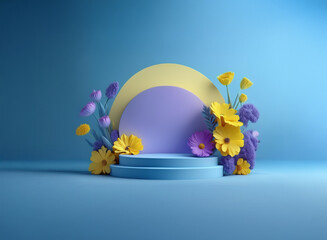 Aufkleber - pastel blue studio features a two-tiered podium adorned with vibrant yellow and purple flowers. a ha