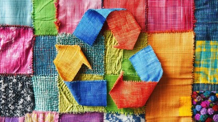Poster - Bright and vibrant recycling symbol crafted from colorful textiles promoting sustainable practices