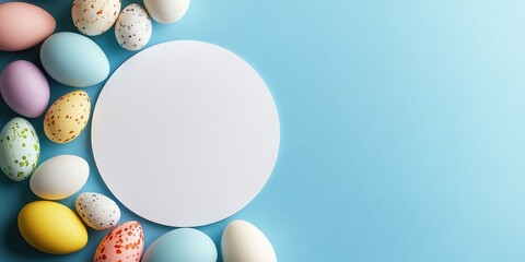 Wall Mural - A vibrant assortment of Colorful Easter Eggs beautifully Arranged in a delightful pattern Around a Blank Circle placed against a serene Blue Background, enhancing the festive atmosphere of the scene