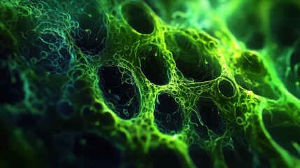 Poster - Abstract Green Cellular Structure: Microscopic View of a Bioluminescent Organic Network