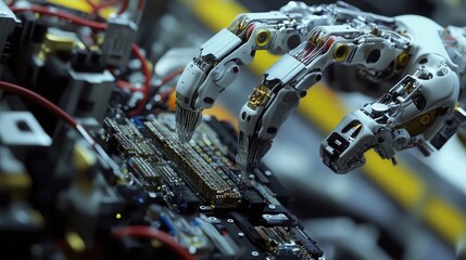 Poster - Close-up of a robotic arm assembling electronic components