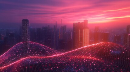 Poster - Concept of 5G network with glowing wave signals and cityscape