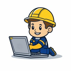 a cute cartoon style ofa technician using predictive maintenance software on a laptop
