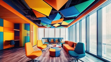 Poster - Contemporary office space with a geometric suspended ceiling design in bold colors