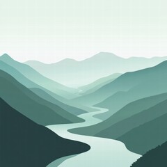 Leinwandbilder - Winding river flows through serene mountain range in a minimalist design template with copy space for text. Generative AI