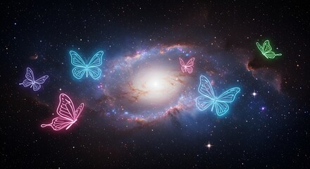 Wall Mural - abstract neon butterflies flying in a cosmic space filled with stars and galaxies