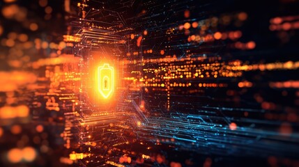 Poster - Cybersecurity concept with a glowing lock and firewall graphics