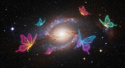 Wall Mural - abstract neon butterflies flying in a cosmic space filled with stars and galaxies