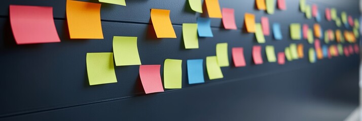 Poster - Colorful Notes on Blackboard, Creative Brainstorming Ideas, And Business Solutions With Copy Space.