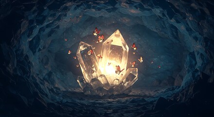 Wall Mural - a surreal scene with butterflies emerging from a glowing crystal in a mystical cave