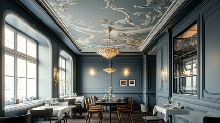 Poster - Elegant dining room with a painted ceiling depicting subtle floral designs