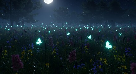 Wall Mural - a fantasy meadow glowing with bioluminescent butterflies under a full moon