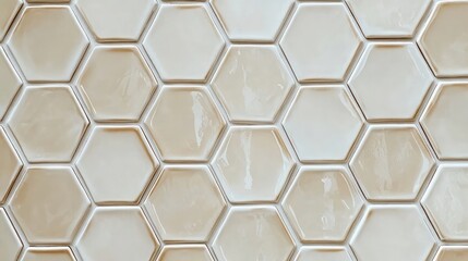 Poster - Glossy ceramic tile wall in a hexagonal pattern with soft beige tones