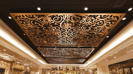 Poster - High-end restaurant with a decorative ceiling featuring laser-cut metal panels