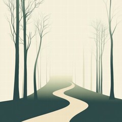 Leinwandbilder - Winding minimalist forest path leading into serene distance amid gentle fog. Generative AI