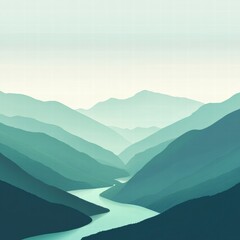 Aufkleber - Winding river through serene mountain range in minimalist landscape design for text overlay and creative projects. Generative AI