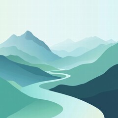 Poster - winding river flows through serene mountain range in minimalist design with ample space for text and