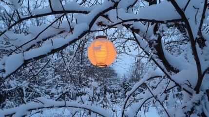 Poster - Lit lantern hanging from a snow-covered tree in a winter landscape