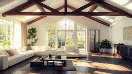Poster - Living room with an expansive, vaulted white ceiling accented by dark wooden crossbeams
