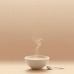 Leinwandbilder - Warm soup bowl with steam rising and spoon on minimalist background ideal for cozy dining atmosphere. Generative AI