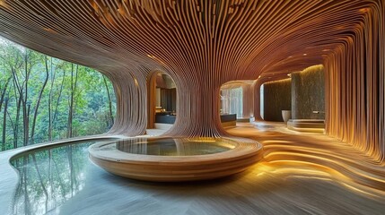 Poster - Luxury spa with a curved ceiling covered in wooden slats for a natural, calming vibe