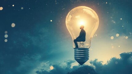Poster - Man seated atop a giant glowing light bulb, symbolizing innovation