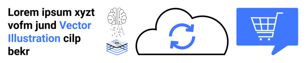 Poster - Cloud symbol with update icon, AI brain graphic, shopping cart in blue dialog bubble, and text elements. Ideal for technology, cloud services, AI innovations, data management, e-commerce solutions