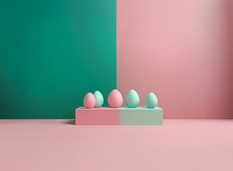 Aufkleber - Pastel pink and teal eggs rest on a matching two-toned platform against a similarly colored background.  A minimalist Easter-themed image.