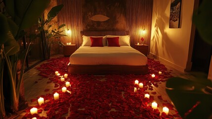 Wall Mural - Bed surrounded by rose petals leading to it, with candles lighting the way for a romantic feel