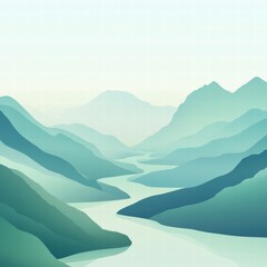 Poster - Winding river through a tranquil mountain range with minimalistic design and space for text. Generative AI
