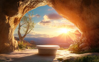 Wall Mural - Experience the breathtaking beauty of a Serene Easter Sunrise at the Cave, which serves as a powerful symbol of Renewal and Hope for all, embracing themes of joy, faith, and inspiration