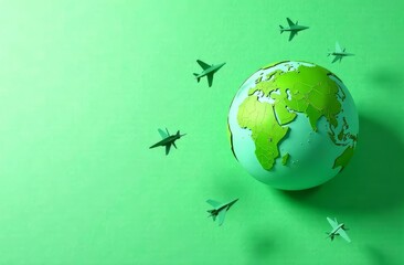 Planet Earth, green with green continents and oceans, lies on a green background on the right with space for text, and green airplanes fly around it. The concept of ecology, communications, flights